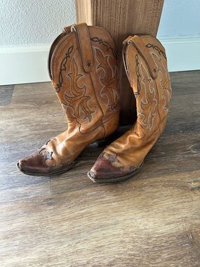 Tony Lama Western Leather Cowboy Boots in Two-Tone Brown